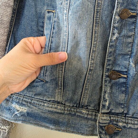 Free People Denim Sweater Jacket Colorblock Women Size M Blue Gray Raw Edge - Picture 4 of 13